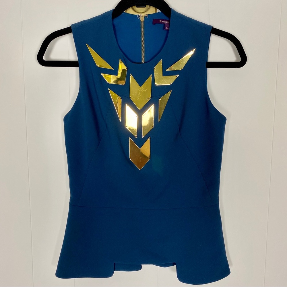 Rachel Roy Sleeveless Peplum Blouse Gold Shapes XS